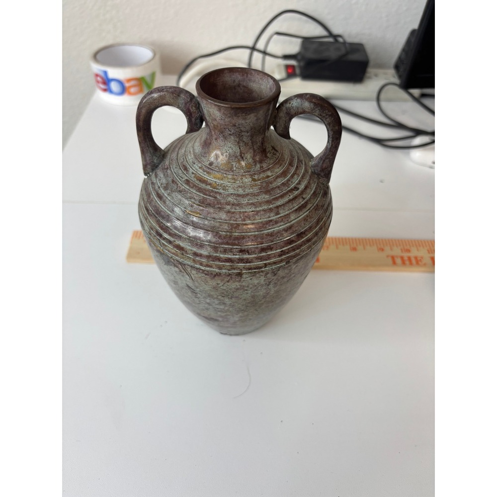 Vintage Style Verdigris Metal Amphora Vase Double Handle Ribbed India 5094-2